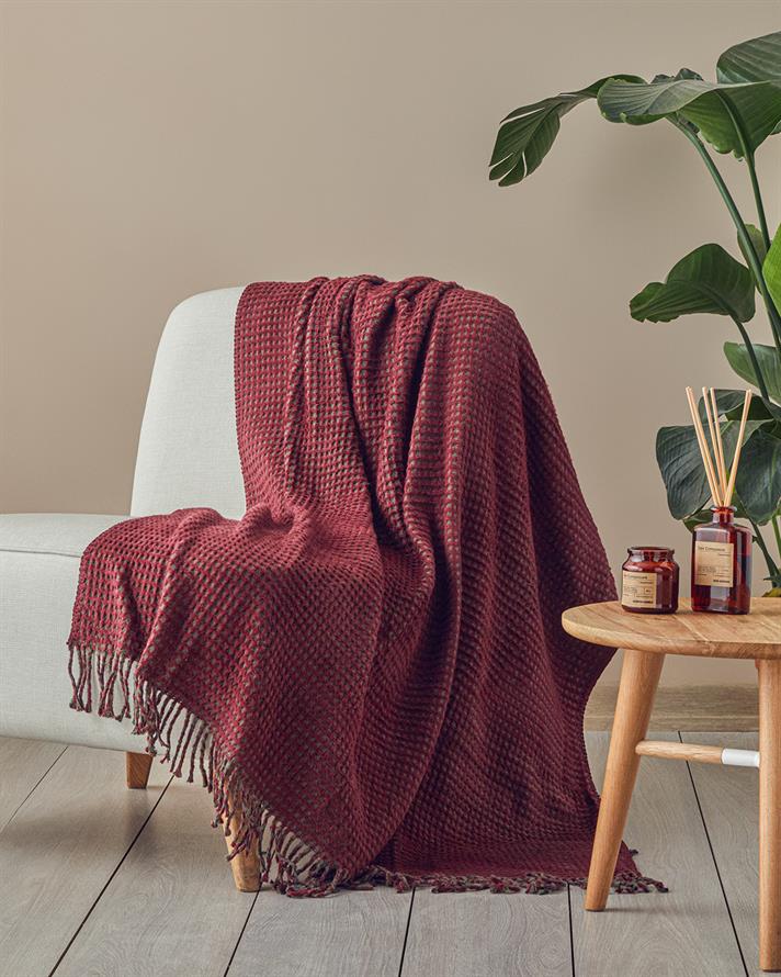 Plain Waffle Cotton Tv Blanket Burgundy-Green