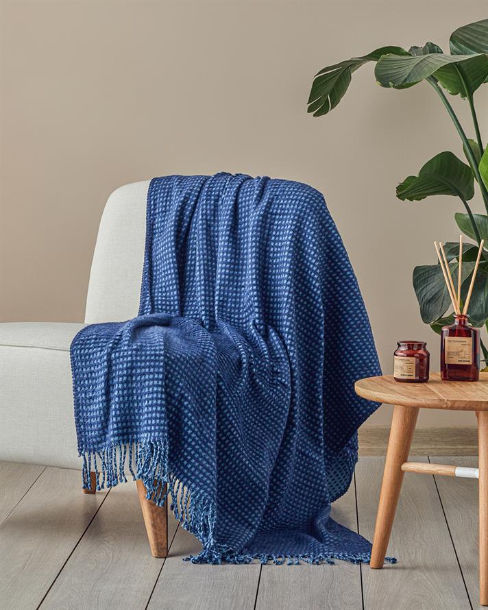 Plain Waffle Cotton Tv Blanket Navy Blue