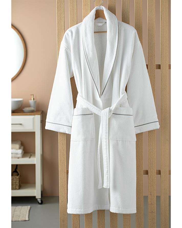 Premium Velvet 100% Cotton Connected Bathrobe White - Grey