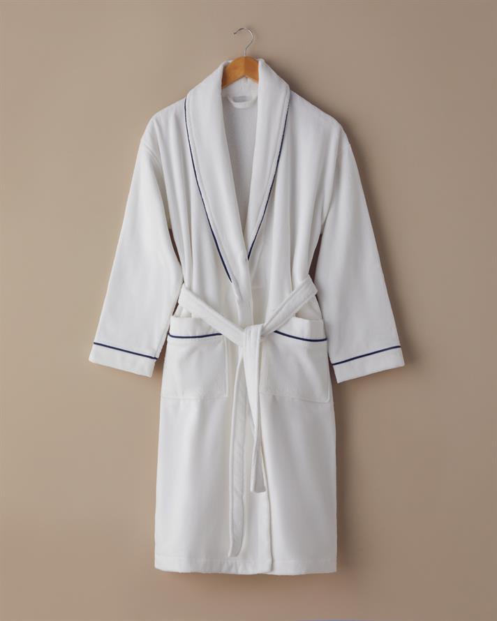 Premium Velvet 100% Cotton Connected Bathrobe White - Navy