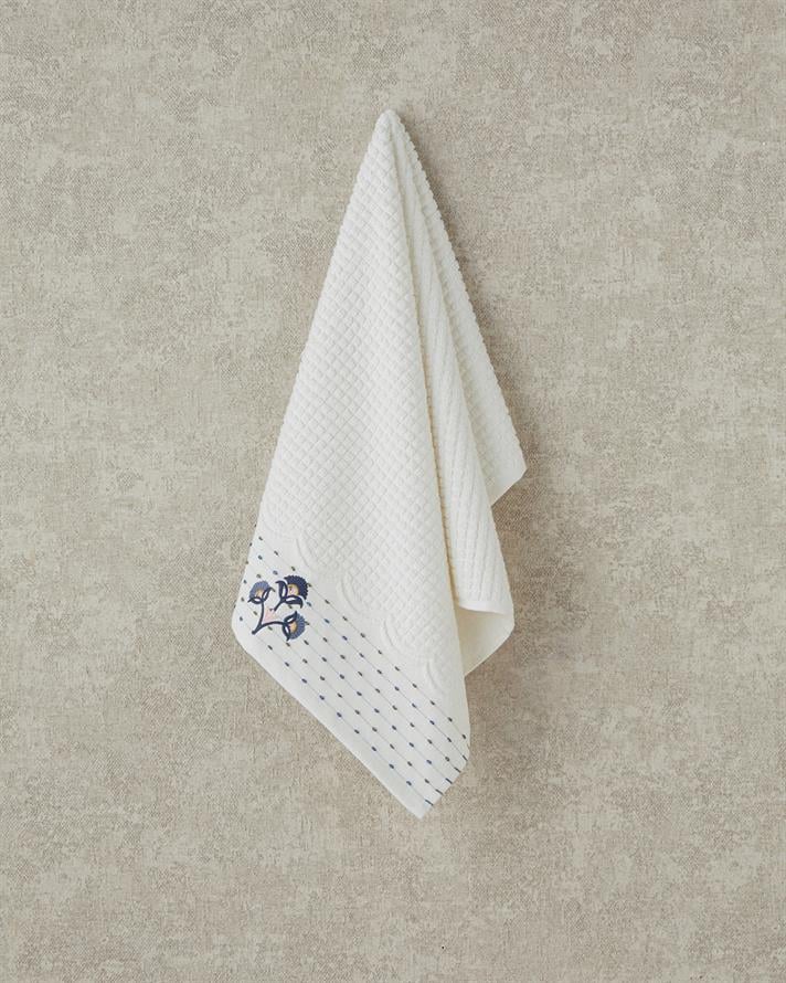 Retro Bloom Cotton Embroidered Face Towel Ecru