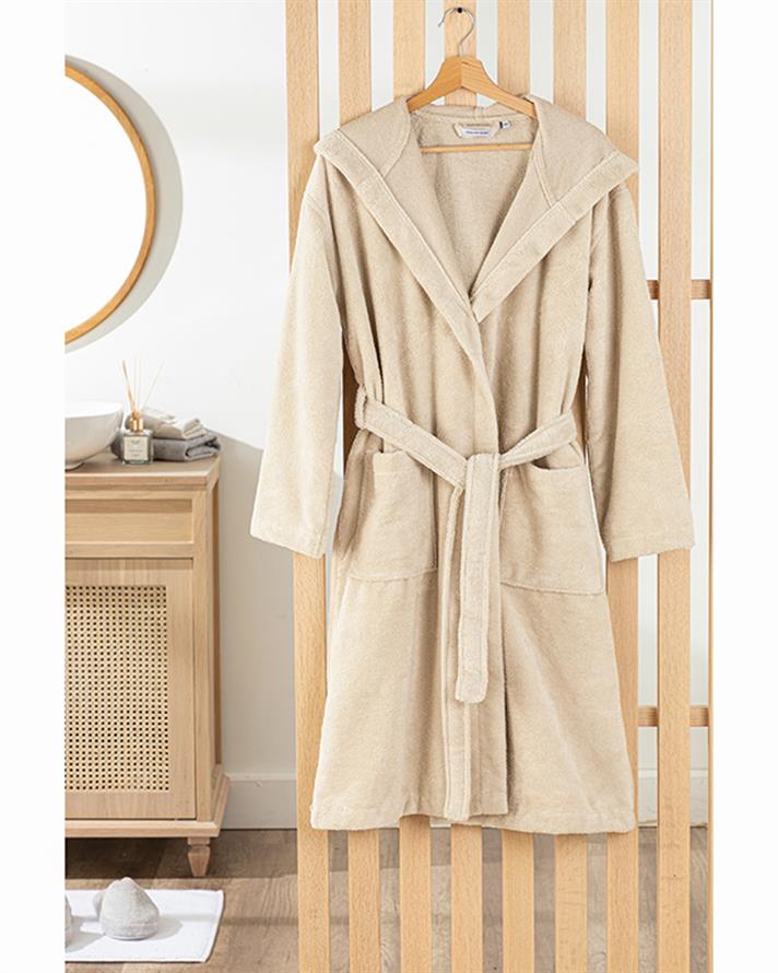 Softy Triga Hooded 100% Cotton Bathrobe Beige