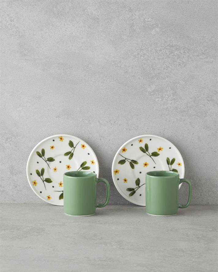 Thalia Bone Porcelain 4 Pieces 2 Seater Coffee Cup Set 90 ml Green