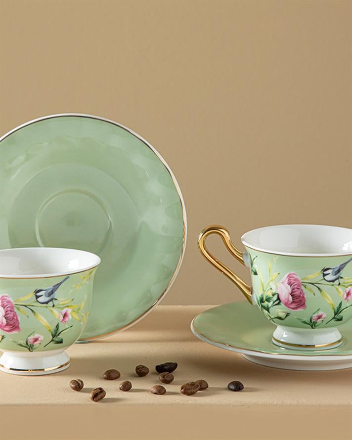 Vanilla New Bone China 4 Pieces 2 Person Coffee Cup Set 90 ml Light Green